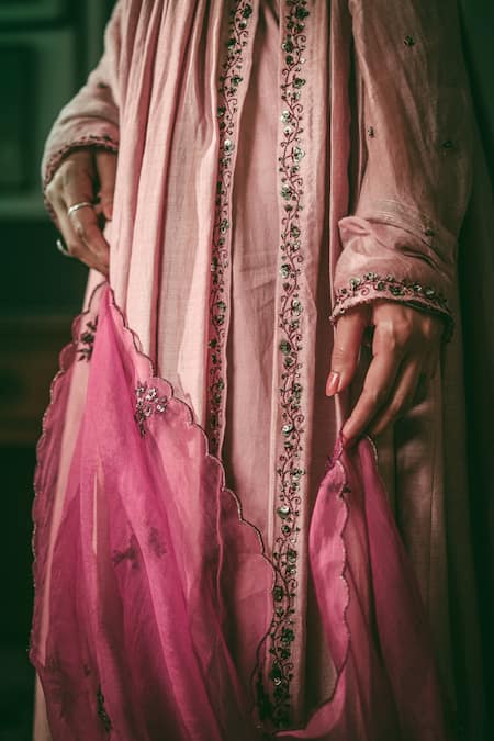 Rhua Pink Anarkali Chanderi, Dupatta Organza, Pant Cotton Silk Embroidered Set at Aza Fashions Rhua_Pink Anarkali Chanderi, Dupatta Organza, Pant Cotton Silk Embroidered Set _at_Aza_Fashions