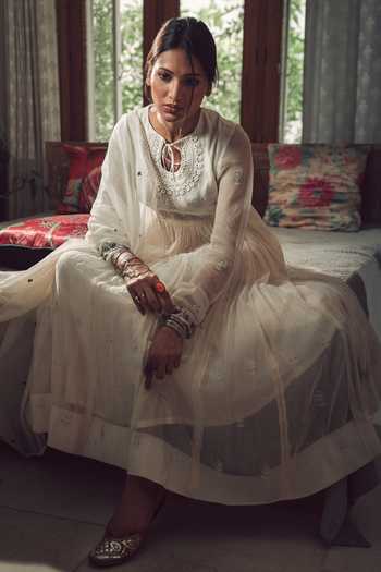 Rhua_White Anarkali Chanderi, Dupatta Organza, Pant Cotton Silk Embroidered Set _Online_at_Aza_Fashions