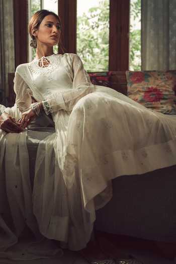 Buy_Rhua_White Anarkali Chanderi, Dupatta Organza, Pant Cotton Silk Embroidered Set _Online_at_Aza_Fashions
