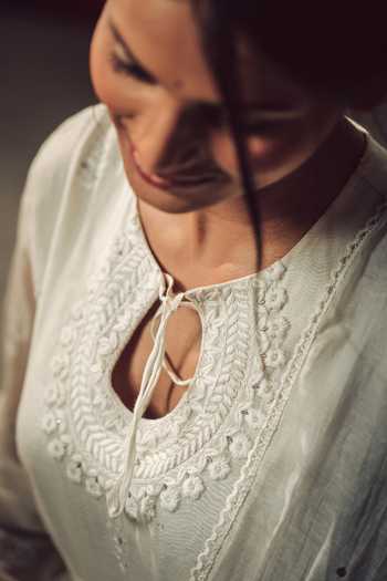 Rhua_White Anarkali Chanderi, Dupatta Organza, Pant Cotton Silk Embroidered Set _at_Aza_Fashions
