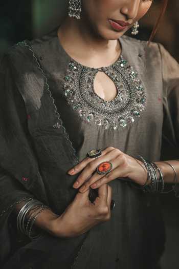 Shop Rhua Black Dupatta Organza, Kurta Chanderi, Pant Cotton Silk Embroidered Set Online at Aza Fashions Shop_Rhua_Black Dupatta Organza, Kurta Chanderi, Pant Cotton Silk Embroidered Set _Online_at_Aza_Fashions