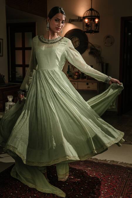 Rhua Green Anarkali, Dupatta Chanderi, Pant Cotton Silk Aari, Embroidered Set Online at Aza Fashions Rhua_Green Anarkali, Dupatta Chanderi, Pant Cotton Silk Aari, Embroidered Set_Online_at_Aza_Fashions