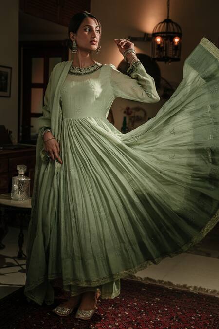 Buy Rhua Green Anarkali, Dupatta Chanderi, Pant Cotton Silk Aari, Embroidered Set Online at Aza Fashions Buy_Rhua_Green Anarkali, Dupatta Chanderi, Pant Cotton Silk Aari, Embroidered Set_Online_at_Aza_Fashions