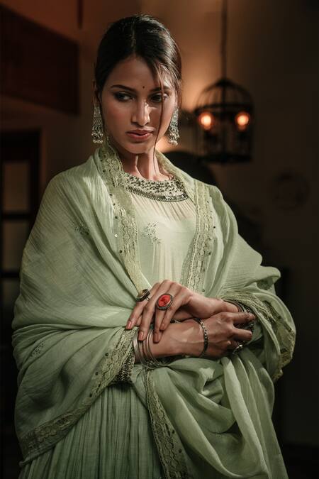 Rhua Green Anarkali, Dupatta Chanderi, Pant Cotton Silk Aari, Embroidered Set at Aza Fashions Rhua_Green Anarkali, Dupatta Chanderi, Pant Cotton Silk Aari, Embroidered Set_at_Aza_Fashions