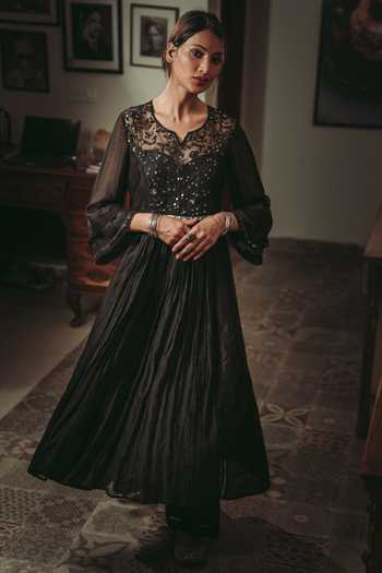 Rhua_Black Kurta Chanderi, Pant, Slip Cotton Silk Embroidered Anarkali And Set _Online_at_Aza_Fashions