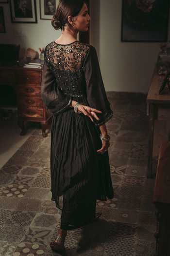Buy_Rhua_Black Kurta Chanderi, Pant, Slip Cotton Silk Embroidered Anarkali And Set _Online_at_Aza_Fashions