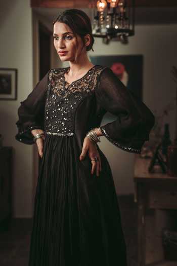 Shop_Rhua_Black Kurta Chanderi, Pant, Slip Cotton Silk Embroidered Anarkali And Set _Online_at_Aza_Fashions