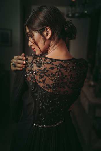 Rhua_Black Kurta Chanderi, Pant, Slip Cotton Silk Embroidered Anarkali And Set _at_Aza_Fashions