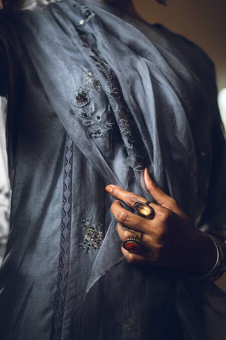 Buy_Rhua_Grey Dupatta Organza, Kurta Chanderi, Pant Cotton Silk Embroidered Set _Online_at_Aza_Fashions