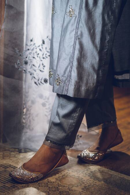 Rhua_Grey Dupatta Organza, Kurta Chanderi, Pant Cotton Silk Embroidered Set _at_Aza_Fashions