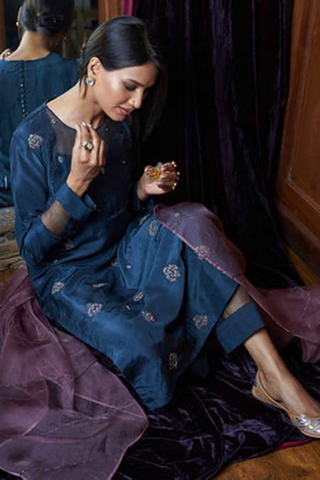 Buy_Rhua_Blue Dupatta Organza, Kurta Pure , Pant Cotton Embroidered Set _Online_at_Aza_Fashions
