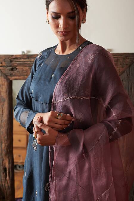 Shop_Rhua_Blue Dupatta Organza, Kurta Pure , Pant Cotton Embroidered Set _Online_at_Aza_Fashions