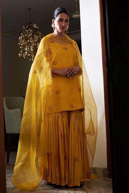Rhua_Yellow Dupatta Organza, Kurta Pure Satin, Sharara Modal Embroidered Set_Online_at_Aza_Fashions