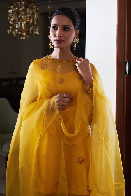 Buy_Rhua_Yellow Dupatta Organza, Kurta Pure Satin, Sharara Modal Embroidered Set_Online_at_Aza_Fashions