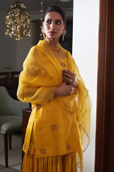 Shop_Rhua_Yellow Dupatta Organza, Kurta Pure Satin, Sharara Modal Embroidered Set_Online_at_Aza_Fashions