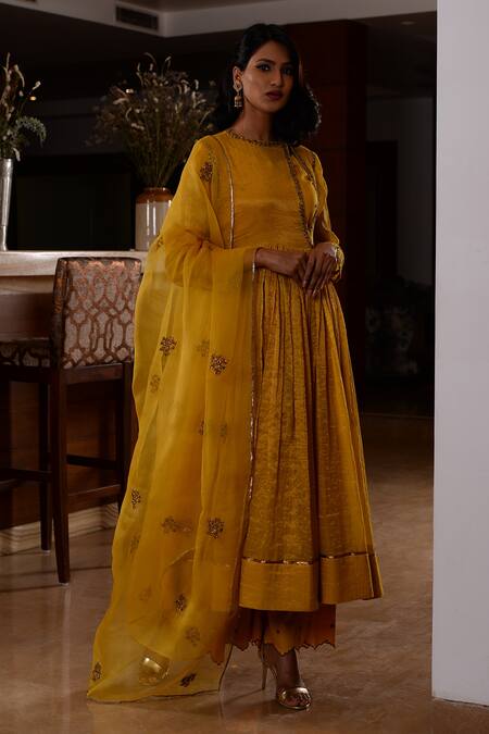 Rhua_Yellow Anarkali Tissue Chanderi, Dupatta Organza, Palazzo Embroidered Set_Online_at_Aza_Fashions