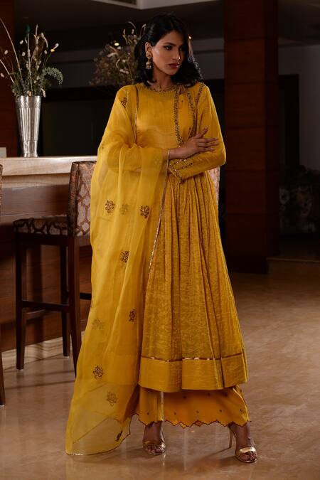 Buy_Rhua_Yellow Anarkali Tissue Chanderi, Dupatta Organza, Palazzo Embroidered Set_Online_at_Aza_Fashions