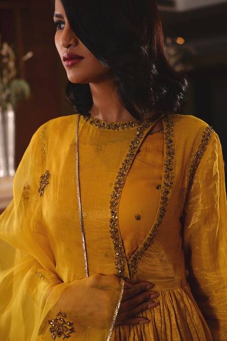Shop_Rhua_Yellow Anarkali Tissue Chanderi, Dupatta Organza, Palazzo Embroidered Set_Online_at_Aza_Fashions