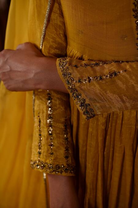 Rhua_Yellow Anarkali Tissue Chanderi, Dupatta Organza, Palazzo Embroidered Set_at_Aza_Fashions