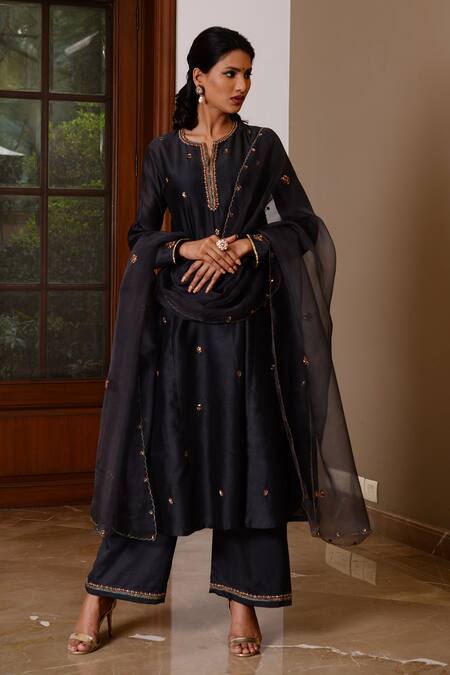 Shop_Rhua_Black Dupatta Organza, Kurta Chanderi, Pant Cotton Silk Embroidered Set_Online_at_Aza_Fashions