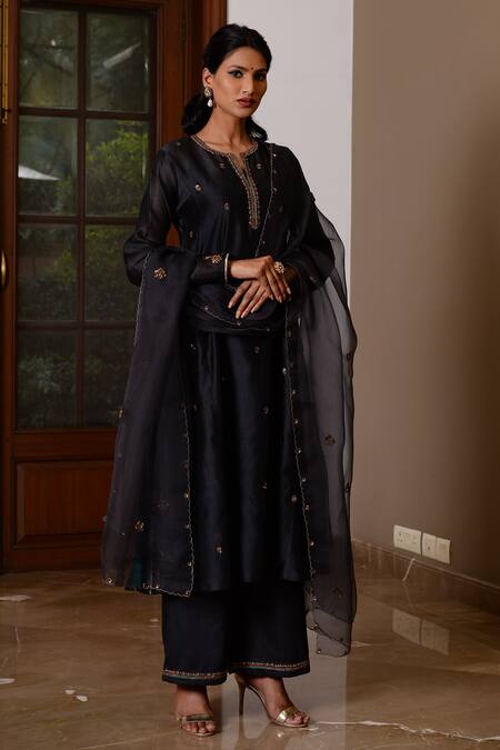 Rhua_Black Dupatta Organza, Kurta Chanderi, Pant Cotton Silk Embroidered Set_at_Aza_Fashions