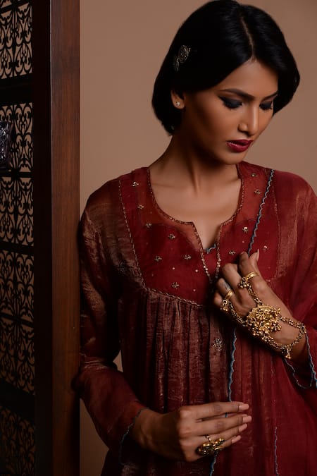 Shop_Rhua_Maroon Dupatta Organza, Kurta Tissue Chanderi, Pant, Slip Embroidered Set_Online_at_Aza_Fashions