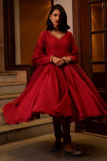 Rhua_Red Anarkali Chanderi, Dupatta Organza, Pant Cotton Silk Embroidered Set _Online_at_Aza_Fashions