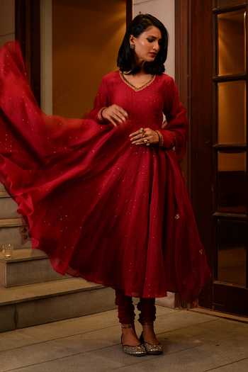 Buy_Rhua_Red Anarkali Chanderi, Dupatta Organza, Pant Cotton Silk Embroidered Set _Online_at_Aza_Fashions