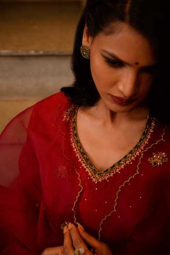 Shop_Rhua_Red Anarkali Chanderi, Dupatta Organza, Pant Cotton Silk Embroidered Set _Online_at_Aza_Fashions