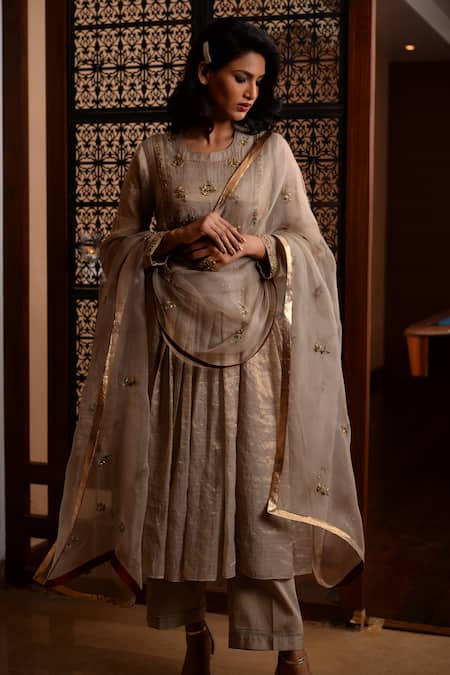 Rhua_Gold Dupatta Organza, Kurta Tissue Chanderi, Pant, Embroidered Anarkali Set _Online_at_Aza_Fashions