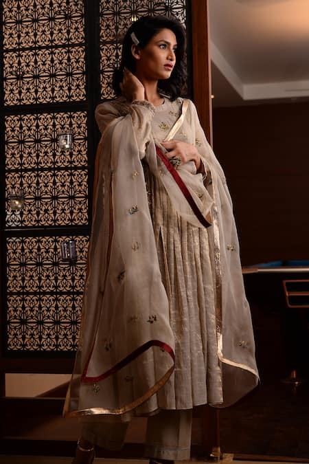 Buy_Rhua_Gold Dupatta Organza, Kurta Tissue Chanderi, Pant, Embroidered Anarkali Set _Online_at_Aza_Fashions