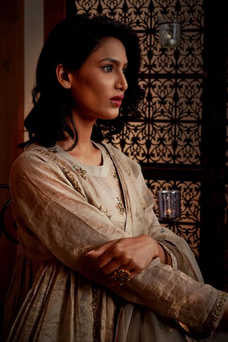 Rhua Gold Dupatta Organza, Kurta Tissue Chanderi, Pant, Embroidered Anarkali Set at Aza Fashions Rhua_Gold Dupatta Organza, Kurta Tissue Chanderi, Pant, Embroidered Anarkali Set _at_Aza_Fashions