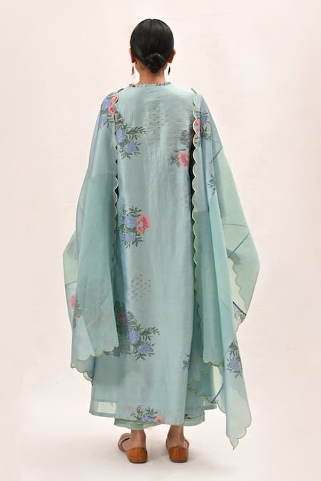 Shop Arcvsh By Pallavi Singh Blue Chanderi Silk, Kota Floral Round Kurta Pant Set at Aza Fashions Shop_Arcvsh By Pallavi Singh_Blue Chanderi Silk, Kota Floral Round Kurta Pant Set_at_Aza_Fashions