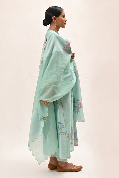 Arcvsh By Pallavi Singh Blue Chanderi Silk, Kota Floral Round Kurta Pant Set Online at Aza Fashions Arcvsh By Pallavi Singh_Blue Chanderi Silk, Kota Floral Round Kurta Pant Set_Online_at_Aza_Fashions