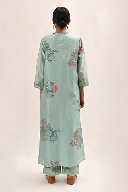 Shop Arcvsh By Pallavi Singh Blue Chanderi Silk, Kota Floral Round Kurta Pant Set Online at Aza Fashions Shop_Arcvsh By Pallavi Singh_Blue Chanderi Silk, Kota Floral Round Kurta Pant Set_Online_at_Aza_Fashions