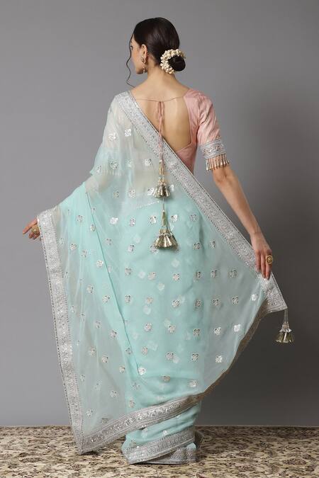Shop Shikhar Sharma Blue Saree Georgette And Blouse Cotton Chanderi Embroidery Badla Floral With at Aza Fashions Shop_Shikhar Sharma_Blue Saree Georgette And Blouse Cotton Chanderi Embroidery Badla Floral With _at_Aza_Fashions