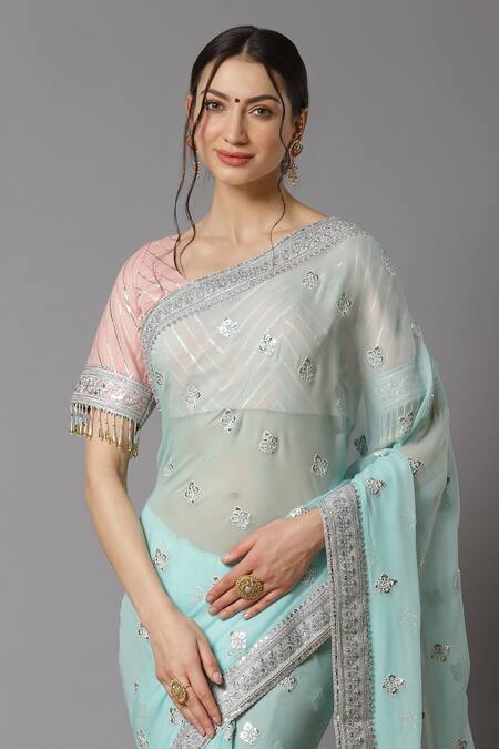 Shikhar Sharma Blue Saree Georgette And Blouse Cotton Chanderi Embroidery Badla Floral With Online at Aza Fashions Shikhar Sharma_Blue Saree Georgette And Blouse Cotton Chanderi Embroidery Badla Floral With _Online_at_Aza_Fashions