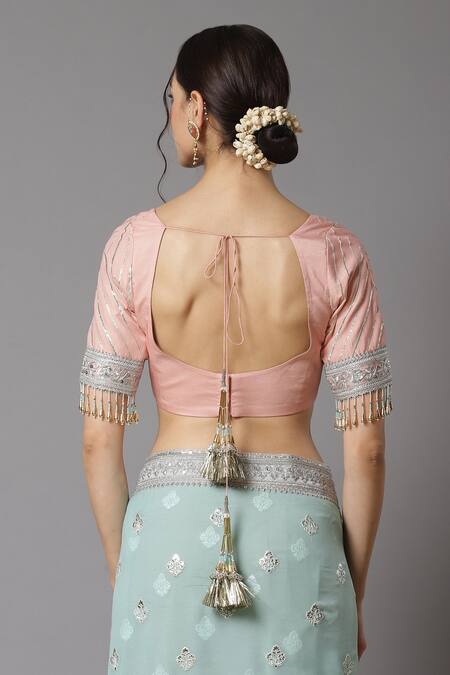 Shop Shikhar Sharma Blue Saree Georgette And Blouse Cotton Chanderi Embroidery Badla Floral With Online at Aza Fashions Shop_Shikhar Sharma_Blue Saree Georgette And Blouse Cotton Chanderi Embroidery Badla Floral With _Online_at_Aza_Fashions