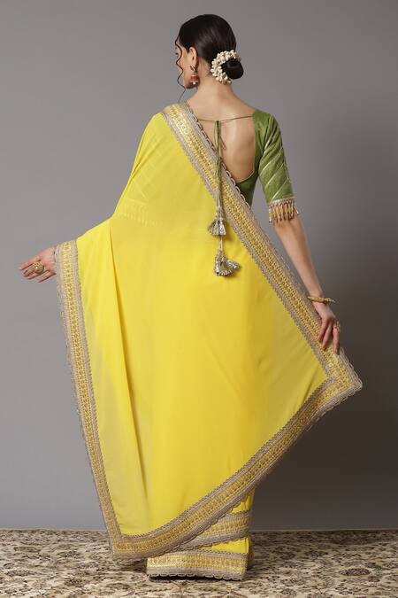 Shop_Shikhar Sharma_Yellow Saree Georgette And Blouse Cotton Chanderi Embroidery Badla Border With _at_Aza_Fashions