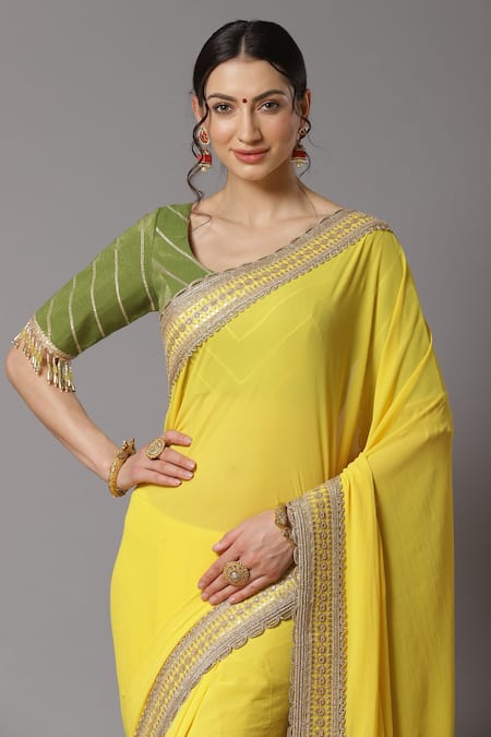 Shikhar Sharma_Yellow Saree Georgette And Blouse Cotton Chanderi Embroidery Badla Border With _Online_at_Aza_Fashions