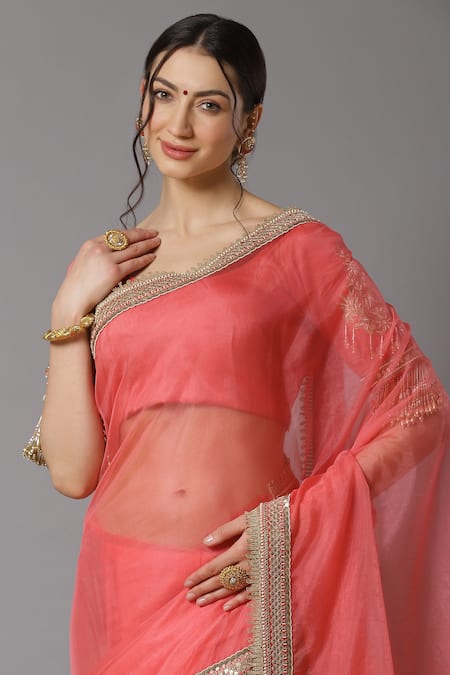 Shikhar Sharma_Pink Raw Silk And Organza Embroidery Badla & Kasab Round Border Saree With Blouse _Online_at_Aza_Fashions
