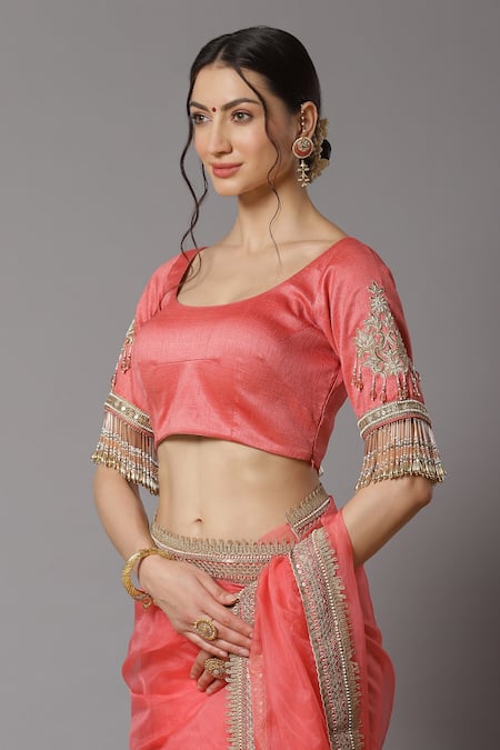 Buy_Shikhar Sharma_Pink Raw Silk And Organza Embroidery Badla & Kasab Round Border Saree With Blouse _Online_at_Aza_Fashions