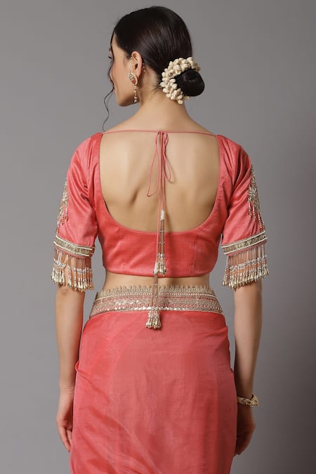 Shop_Shikhar Sharma_Pink Raw Silk And Organza Embroidery Badla & Kasab Round Border Saree With Blouse _Online_at_Aza_Fashions