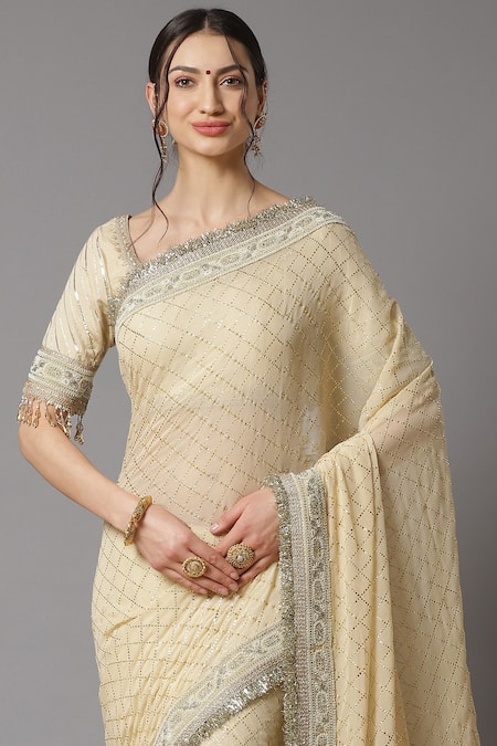 Shikhar Sharma_Cream Saree Georgette And Blouse Silk Chanderi Lining Checkered Pattern With _Online_at_Aza_Fashions