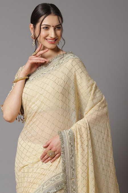 Buy_Shikhar Sharma_Cream Saree Georgette And Blouse Silk Chanderi Lining Checkered Pattern With _Online_at_Aza_Fashions