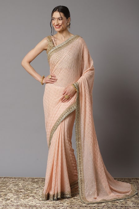 Shikhar Sharma Pink Saree Georgette And Blouse Silk Chanderi Lining Checkered Pattern With