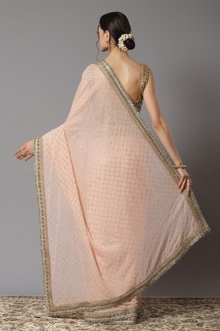 Shop Shikhar Sharma Pink Saree Georgette And Blouse Silk Chanderi Lining Checkered Pattern With at Aza Fashions Shop_Shikhar Sharma_Pink Saree Georgette And Blouse Silk Chanderi Lining Checkered Pattern With _at_Aza_Fashions
