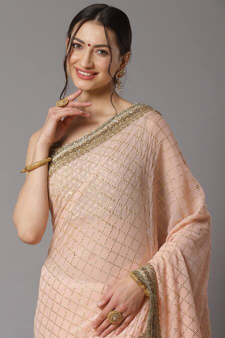 Shikhar Sharma Pink Saree Georgette And Blouse Silk Chanderi Lining Checkered Pattern With Online at Aza Fashions Shikhar Sharma_Pink Saree Georgette And Blouse Silk Chanderi Lining Checkered Pattern With _Online_at_Aza_Fashions