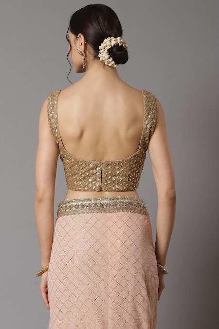 Shop Shikhar Sharma Pink Saree Georgette And Blouse Silk Chanderi Lining Checkered Pattern With Online at Aza Fashions Shop_Shikhar Sharma_Pink Saree Georgette And Blouse Silk Chanderi Lining Checkered Pattern With _Online_at_Aza_Fashions