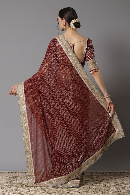 Shop Shikhar Sharma Maroon Saree Georgette And Blouse Silk Chanderi Lining Shantoon With at Aza Fashions Shop_Shikhar Sharma_Maroon Saree Georgette And Blouse Silk Chanderi Lining Shantoon With _at_Aza_Fashions